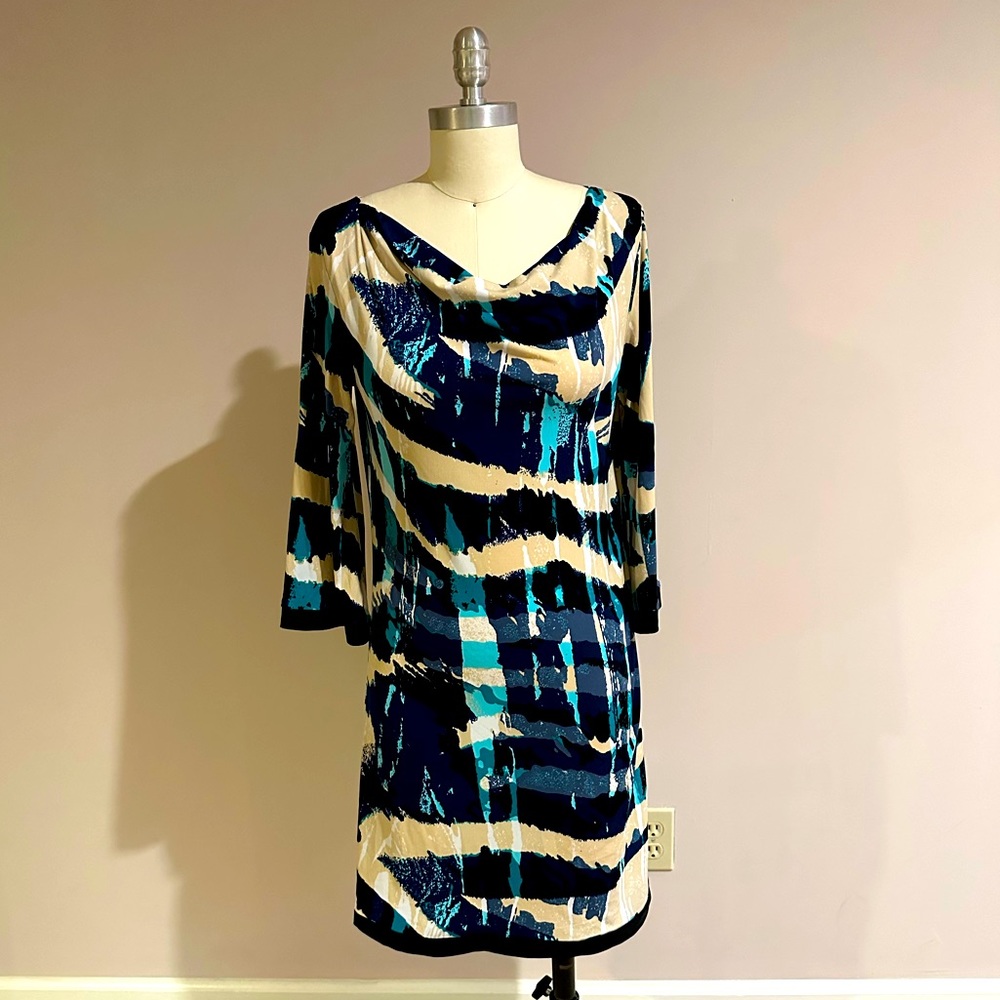 Contemporary printed knit dress, mini length, size Small.